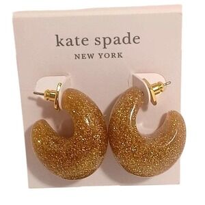Kate Spade New York Adore-Ables Gold Glitter Resin Hoop Huggie Post Earrings NWT